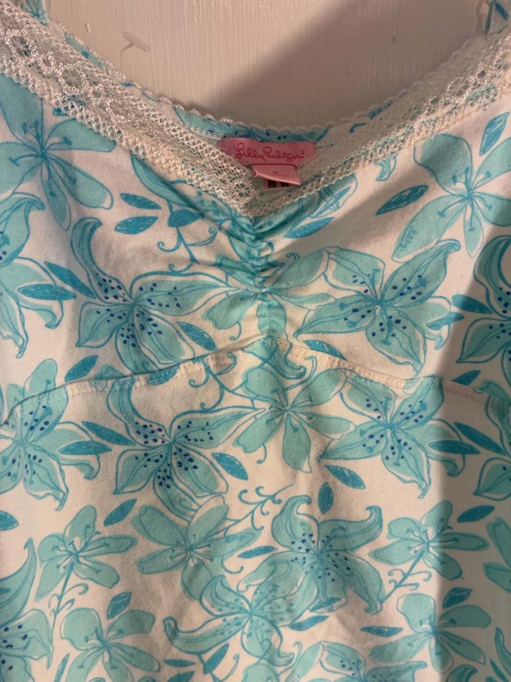 Lilly Pulitzer Floral Nightgown Size S Aqua Blue Lace Trim Sleep Dress